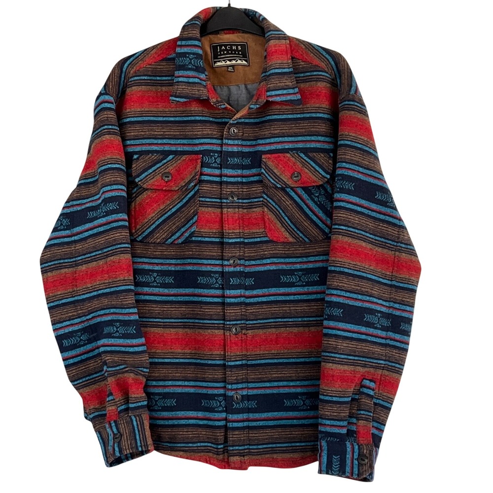 Jachs New York Mens XXL Southwestern Stripe Shirt Jacket Navy Red Corduroy Trim